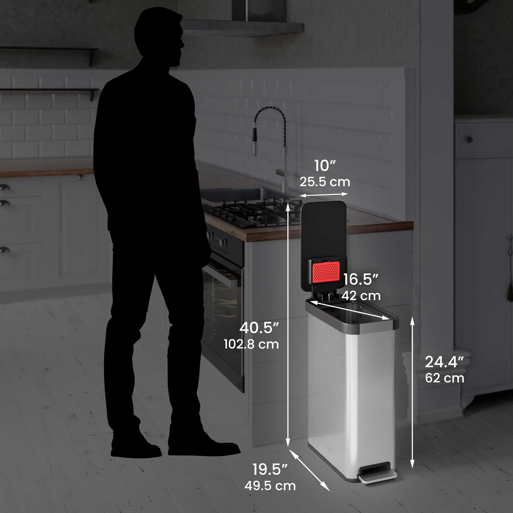 10" 25.5 cm  
16.5" 42 cm  
40.5" 102.8 cm  
24.4" 62 cm  
19.5" 49.5 cm