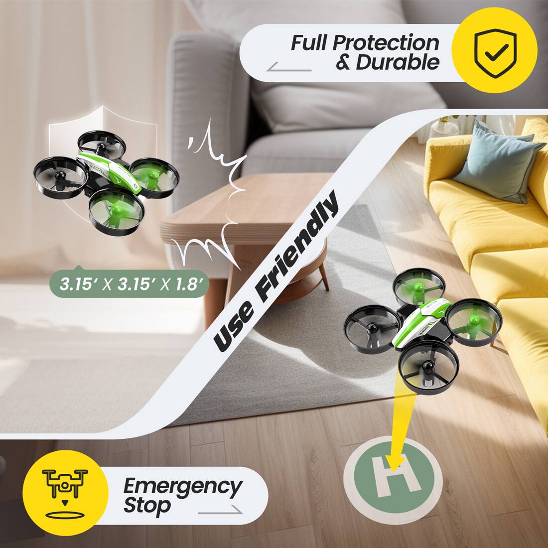 Full Protection & Durable  
3.15' X 3.15' X 1.8'  
Use Friendly  
Emergency Stop