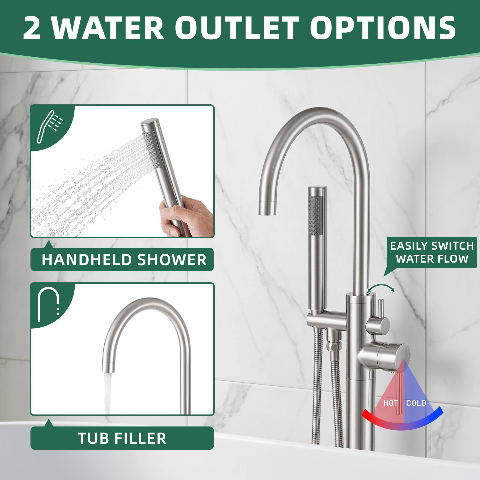 2 WATER OUTLET OPTIONS

- HANDHELD SHOWER
- TUB FILLER

EASILY SWITCH WATER FLOW

HOT COLD