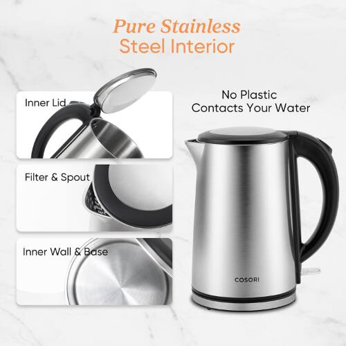 Pure Stainless Steel Interior  
Inner Lid  
No Plastic Contacts Your Water  
Filter & Spout  
Inner Wall & Base  
COSORI