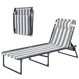 Outsunny - Chaise Lounge Pool Chair with 4-Position Reclining Back, Pillow, Breathable Mesh & Bungee Seat - Blue and White