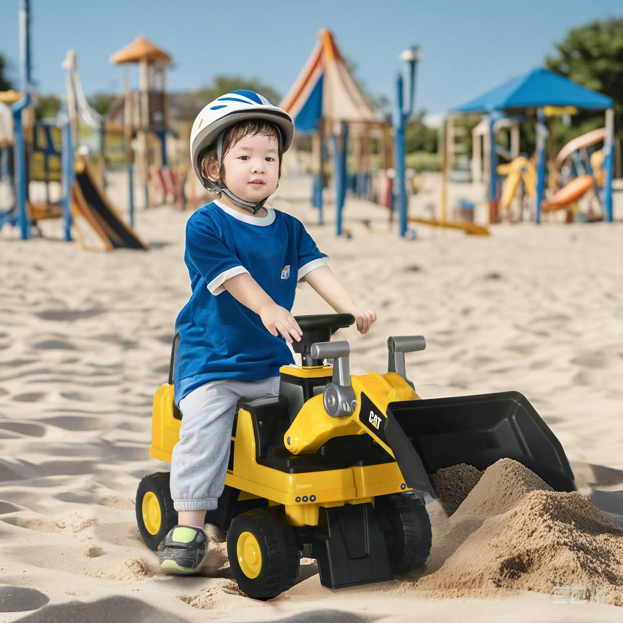 Angle. Aosom - Ride on Excavator, Caterpillar CAT Licensed Digger, Shovel, Horn, Hidden Storage, Foot to Floor, Years 1.5-3.