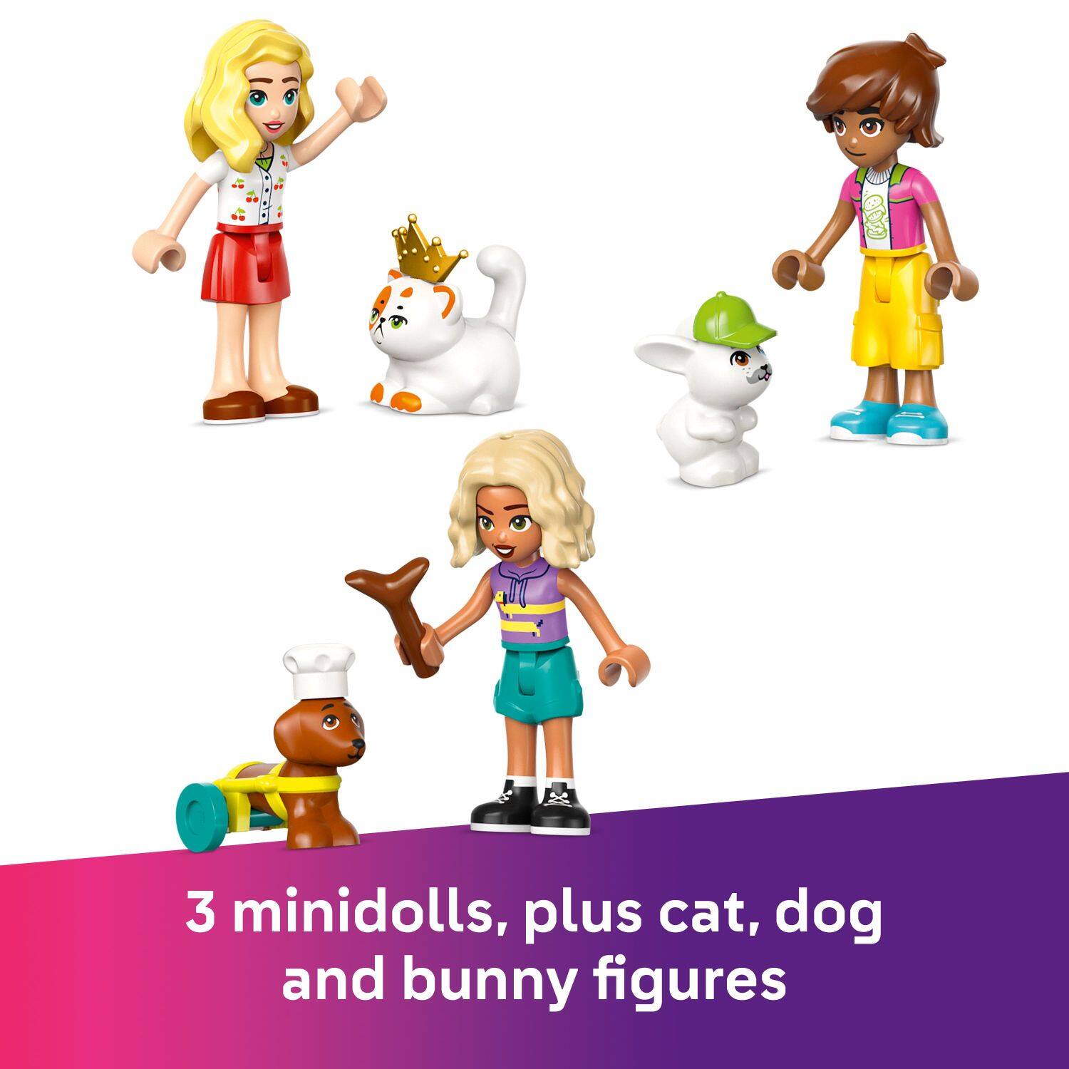 3 minidolls, plus cat, dog, and bunny figures.
