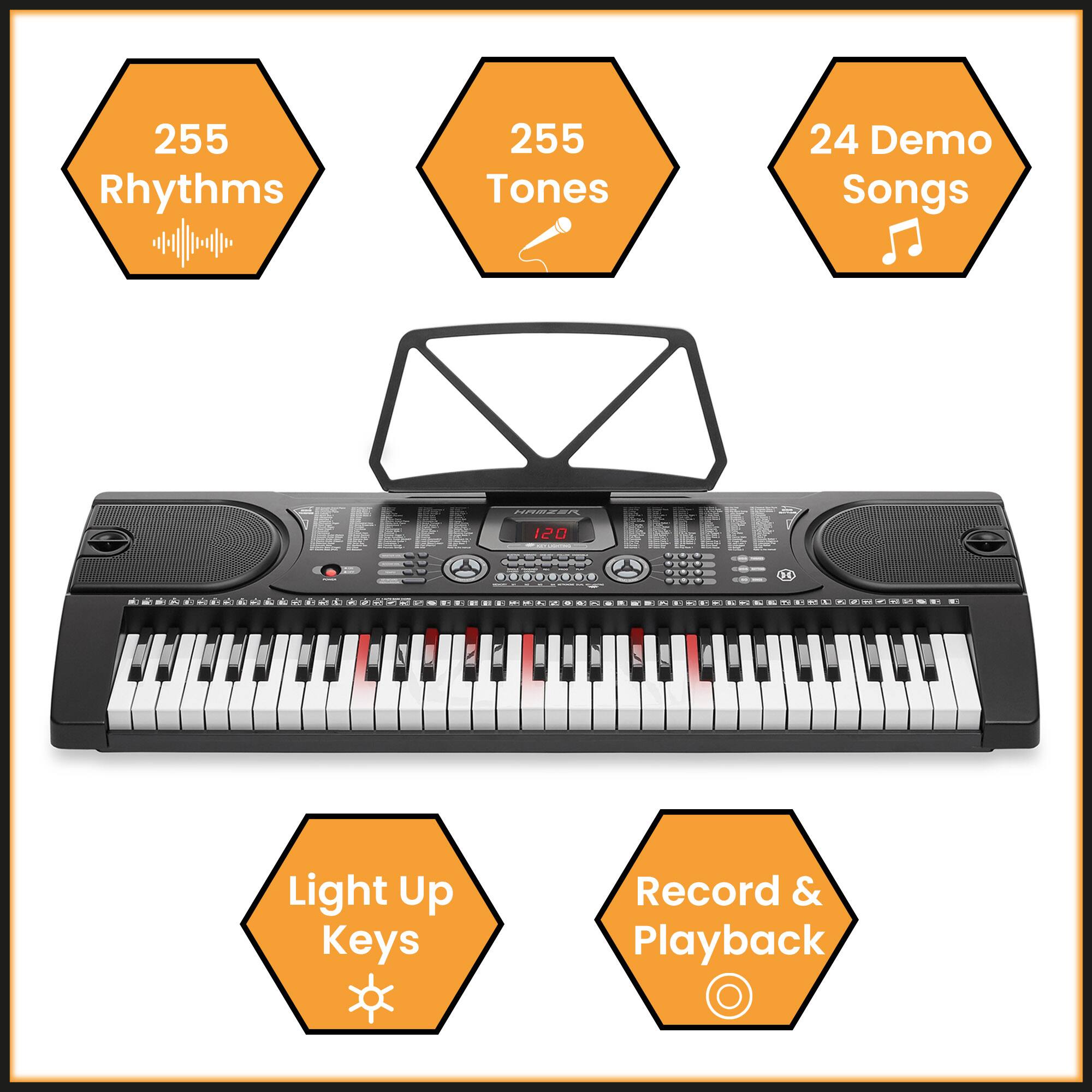 255 Rhythms  
255 Tones  
24 Demo Songs  
Light Up Keys  
Record & Playback