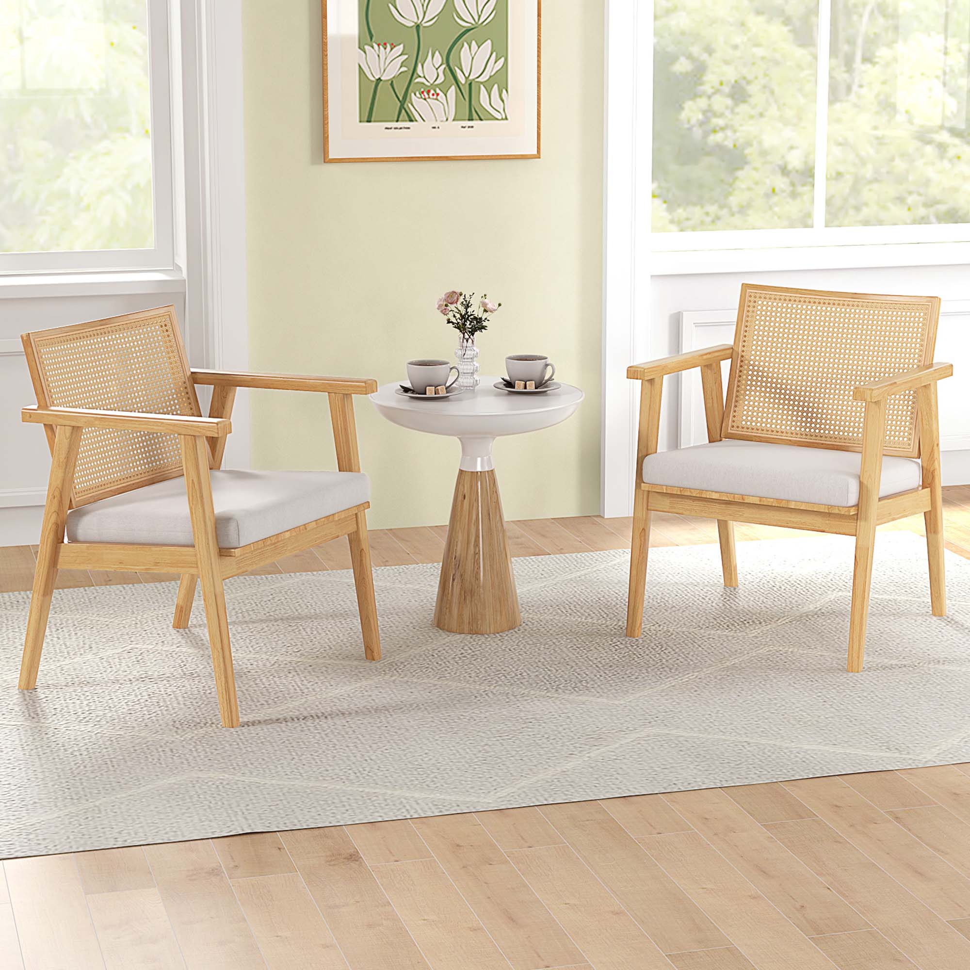 Angle. Costway - Mid Century Modern Accent Chairs Set of 2 with Breathable Rattan Back Dining Room - Natural.