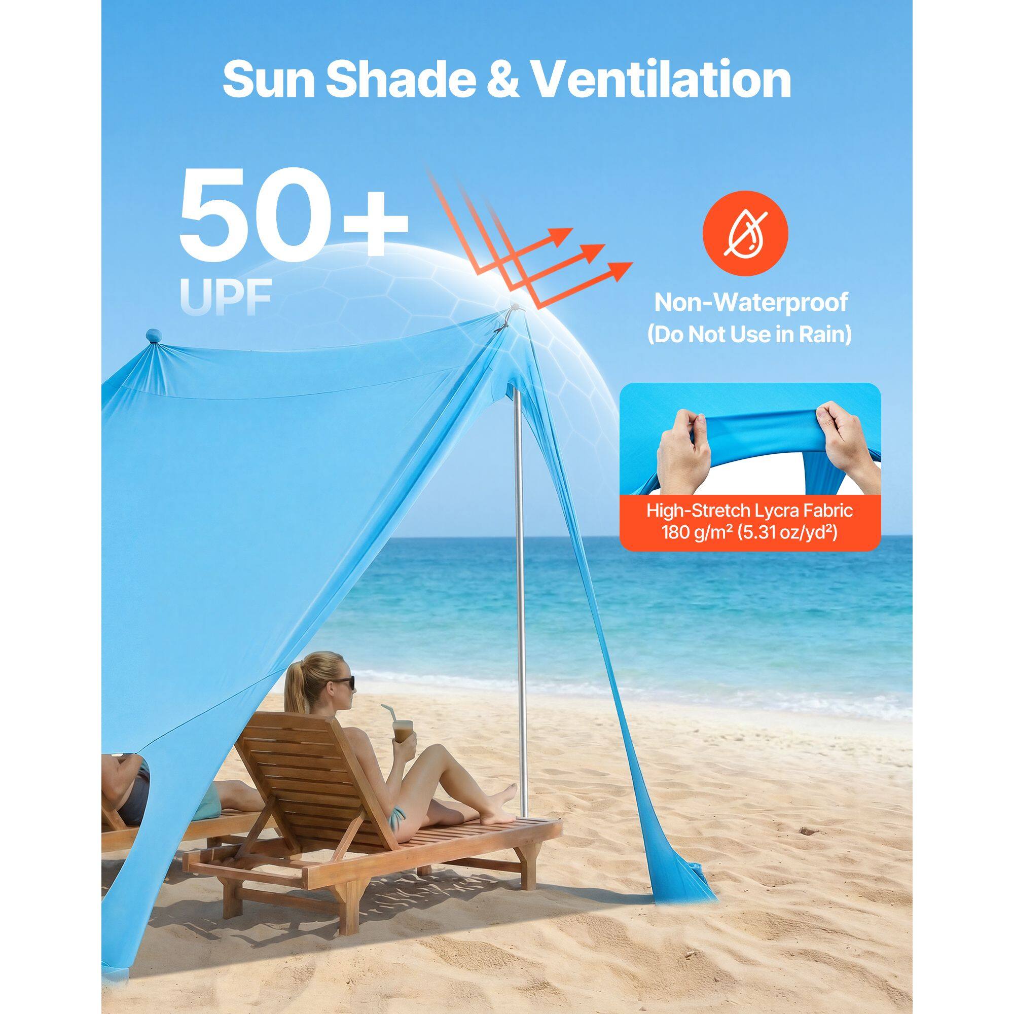 Sun Shade & Ventilation  
50+ UPF  
Non-Waterproof (Do Not Use in Rain)  
High-Stretch Lycra Fabric  
180 g/m² (5.31 oz/yd²)