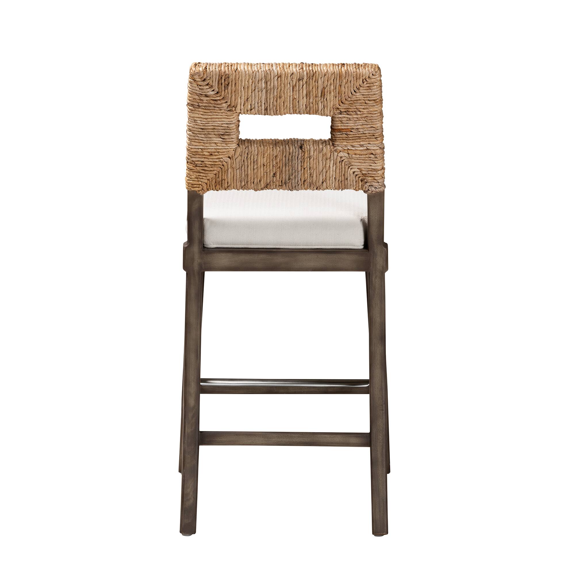 Back. bali & pari - Porsha Modern Bohemian Finished Mahogany Wood and Natural Rattan Counter Stool - Dark Brown/Natural Brown/White.