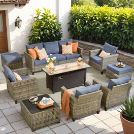 Ovios - 9 PCS Patio Furniture Conversation Sofa Set with Armchair, Coffee Table & 54" Fire Pit Table - Denim Blue
