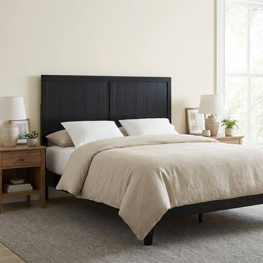 Left. FurniFact - Wood Full Headboard with Classic Design and Durable Construction for Beds - Black.