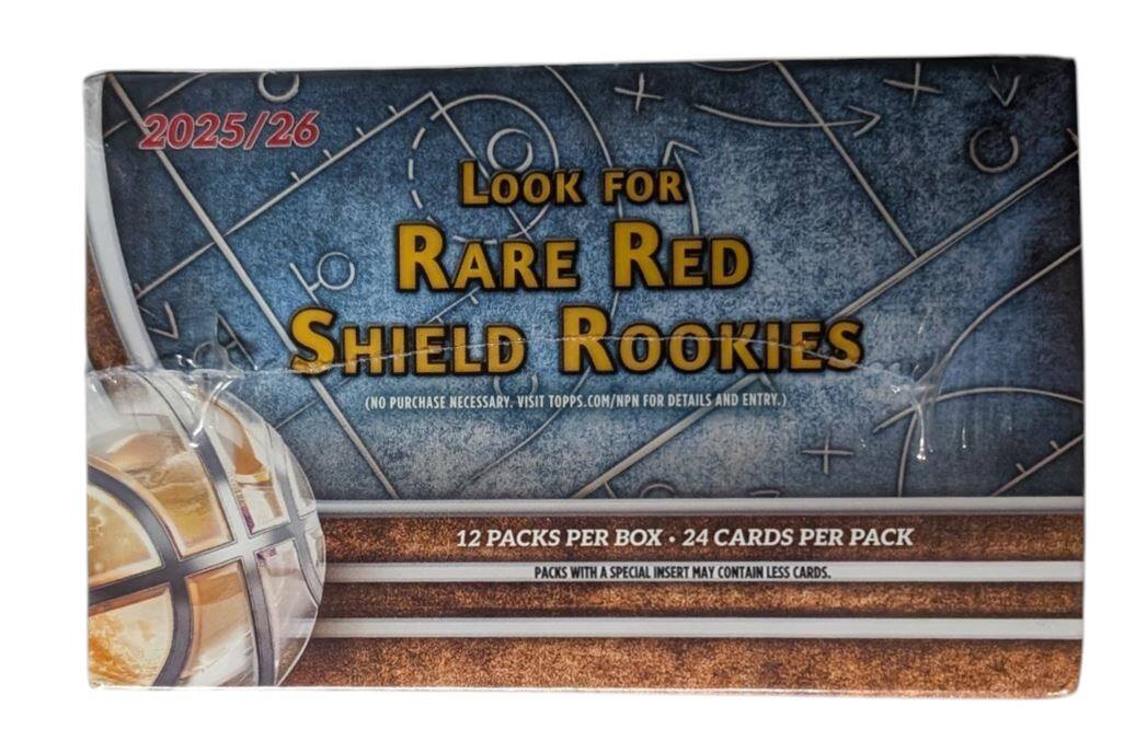 2025/26 Look for Rare Red Shield Rookies (No purchase necessary. Visit topps.com/NPN for details and entry.)  
12 packs per box. 24 cards per pack. Packs with a special insert may contain less cards.