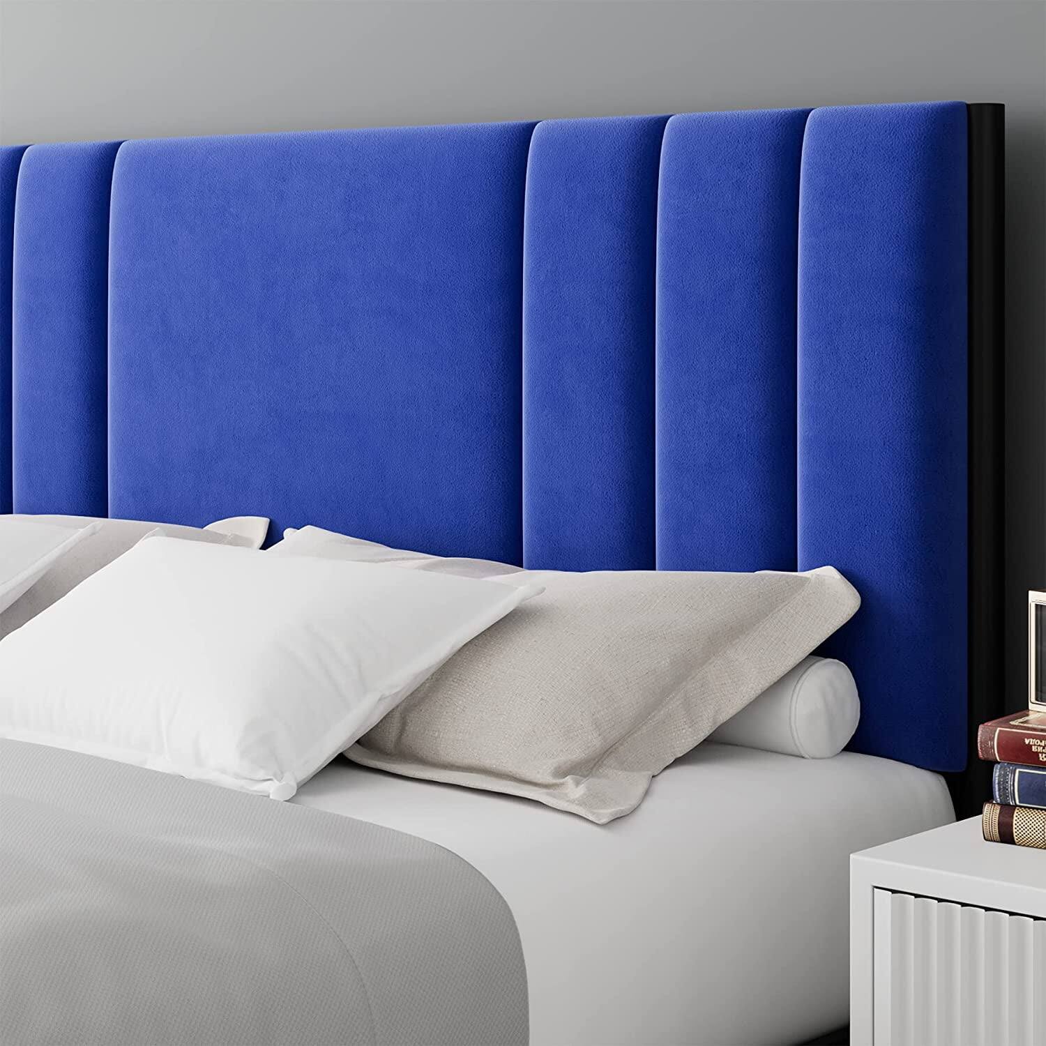 Left. GARVEE - King Velvet Platform Bed Blue Heavy Duty Metal Frame Easy Assembly No Box Spring Needed - Blue King.