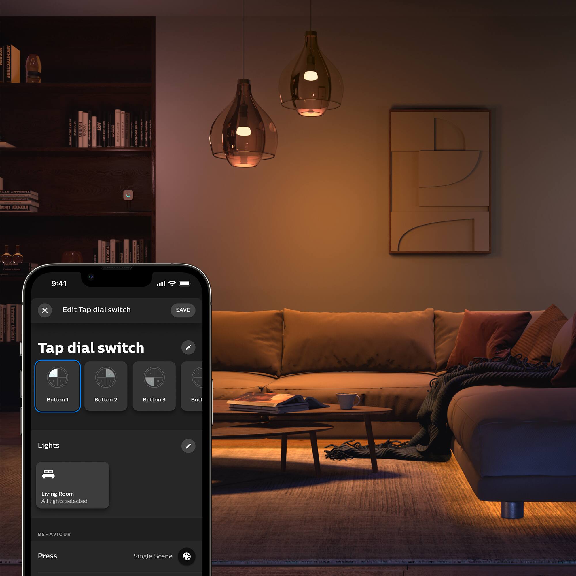 I BO TURT | E | I : | - 200 CA.4 | | 9:41 .l Interier desion x Edit Tap dial switch Tap dial switch SAVE Hutton - Button 1 Rutton nut Lights Living Room Al ighits selected BEHAVIOUR Press Single Scene