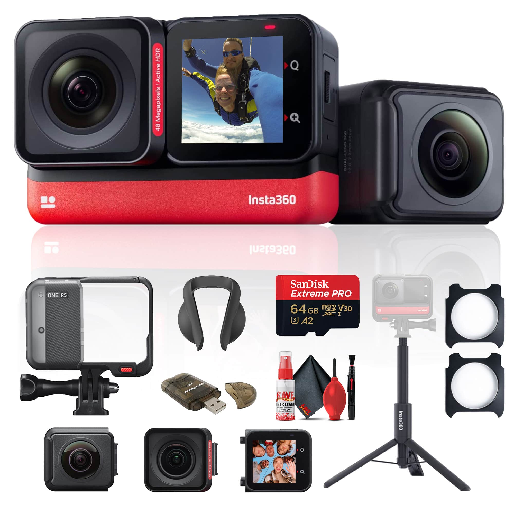 Insta360 - ONE RS Twin Edition + Selfie Stick + Lens Guard + 64GB Card Starter Bundle