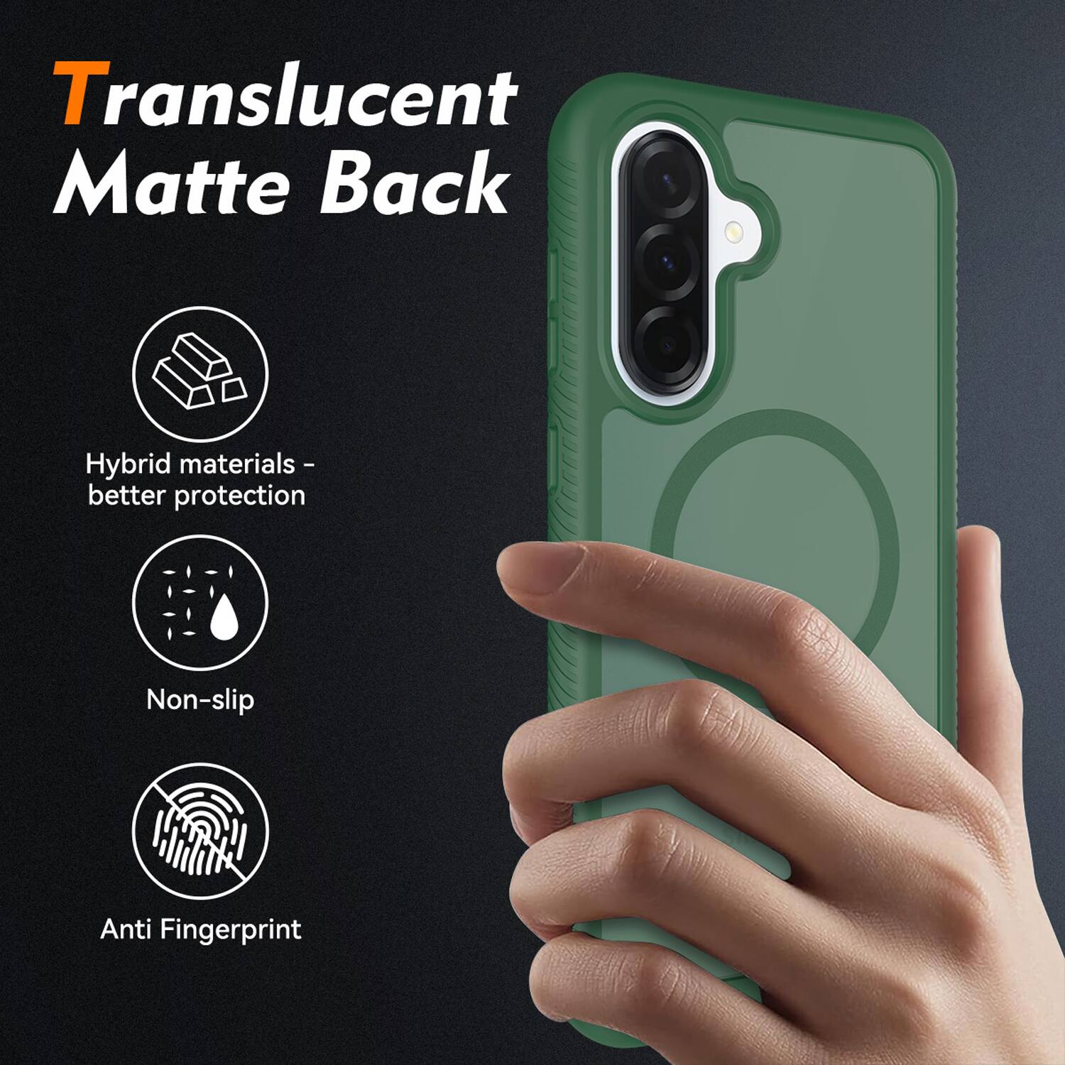 Translucent Matte Back  
Hybrid materials - better protection  
Non-slip  
Anti Fingerprint
