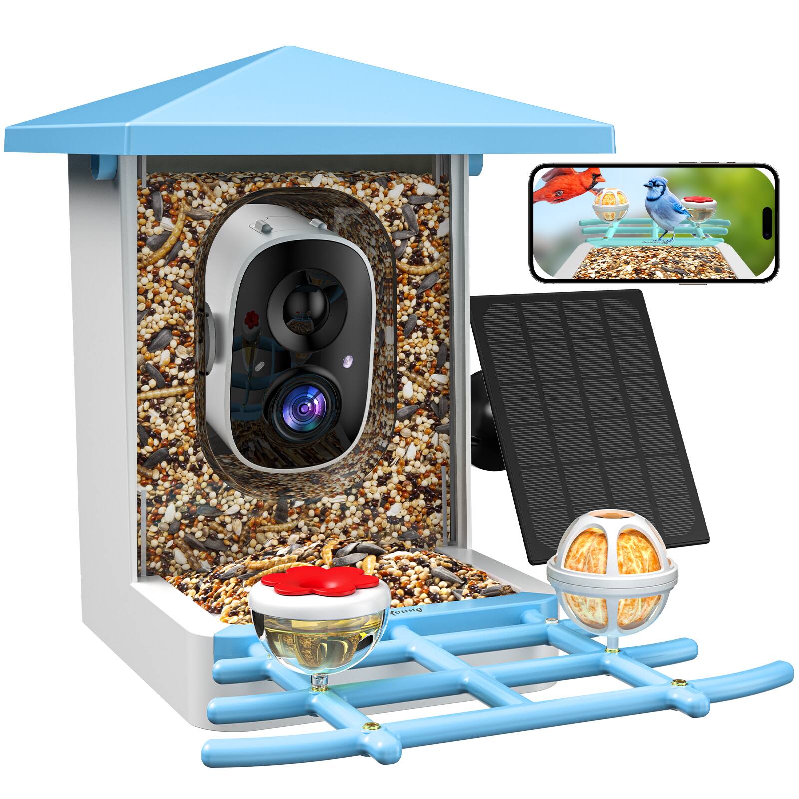 Front. isYoung - Smart Bird Feeder with HD 2K Camera, AI Identify 16,000+ Birds, 5W Solar Panel, 170° View, IP65 Waterproof - Light Blue + White.