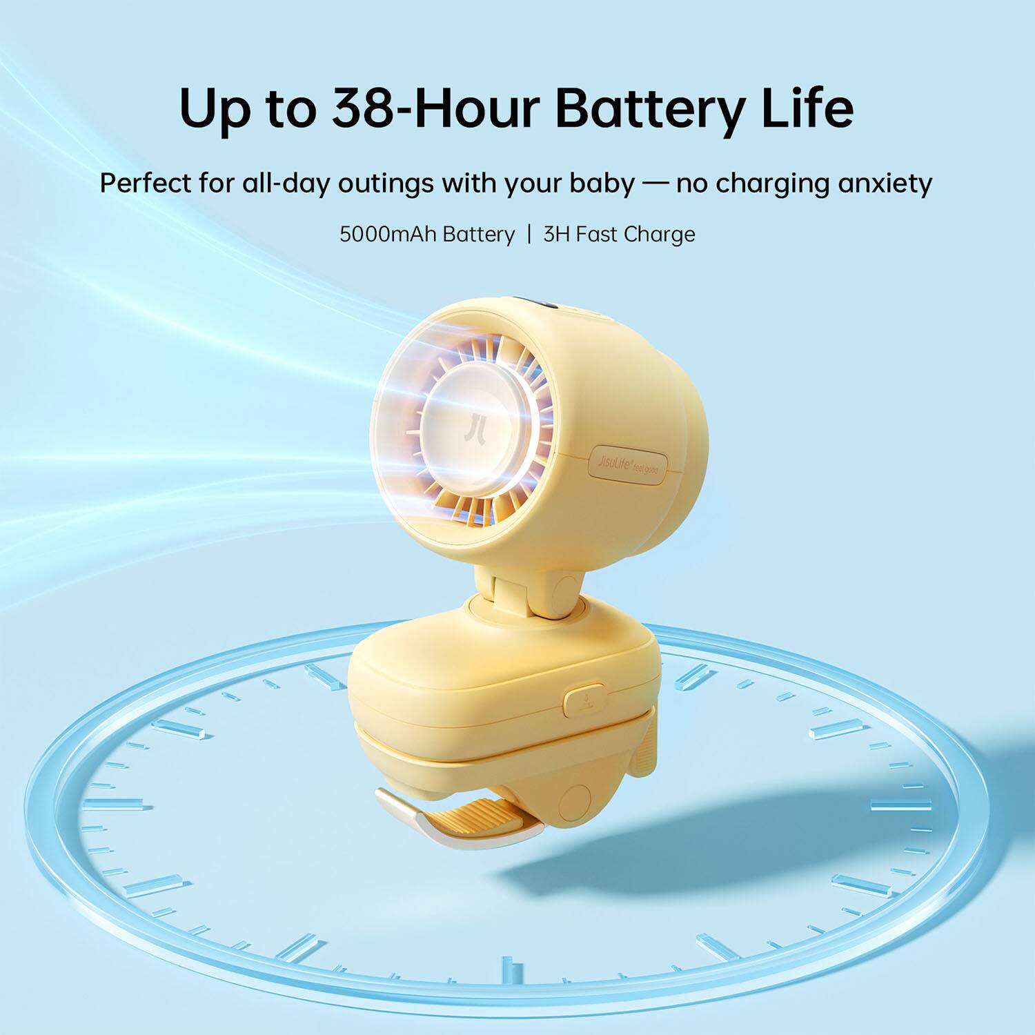 Up to 38-Hour Battery Life  
Perfect for all-day outings with your baby — no charging anxiety  
5000mAh Battery | 3H Fast Charge  
JisuLife