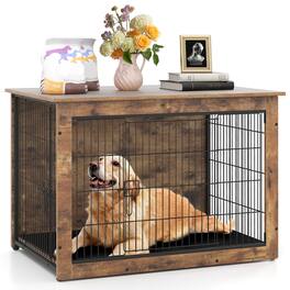Costway - 39" Dog Kennel w/ Chew-Resistant Metal Frame & Soft Mat Double Doors Dog Crate End Table