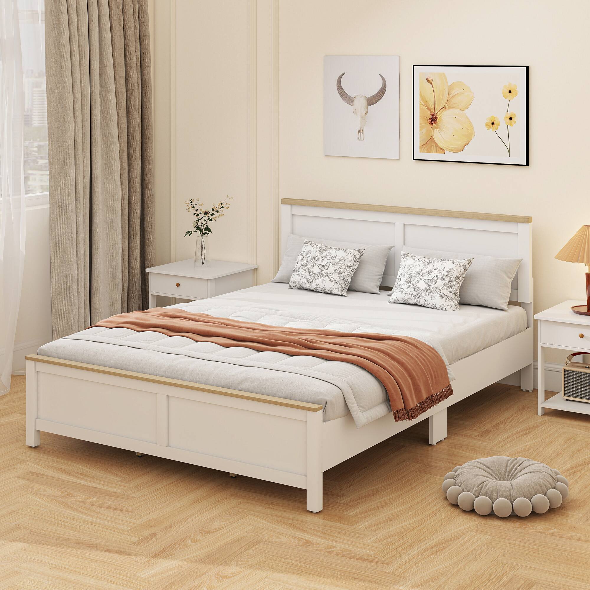 Alt View 5. Homcom - Bed Frame with Headboard, Modern Platform Bed Frame with Wooden Slats, No Box Spring Needed - White.