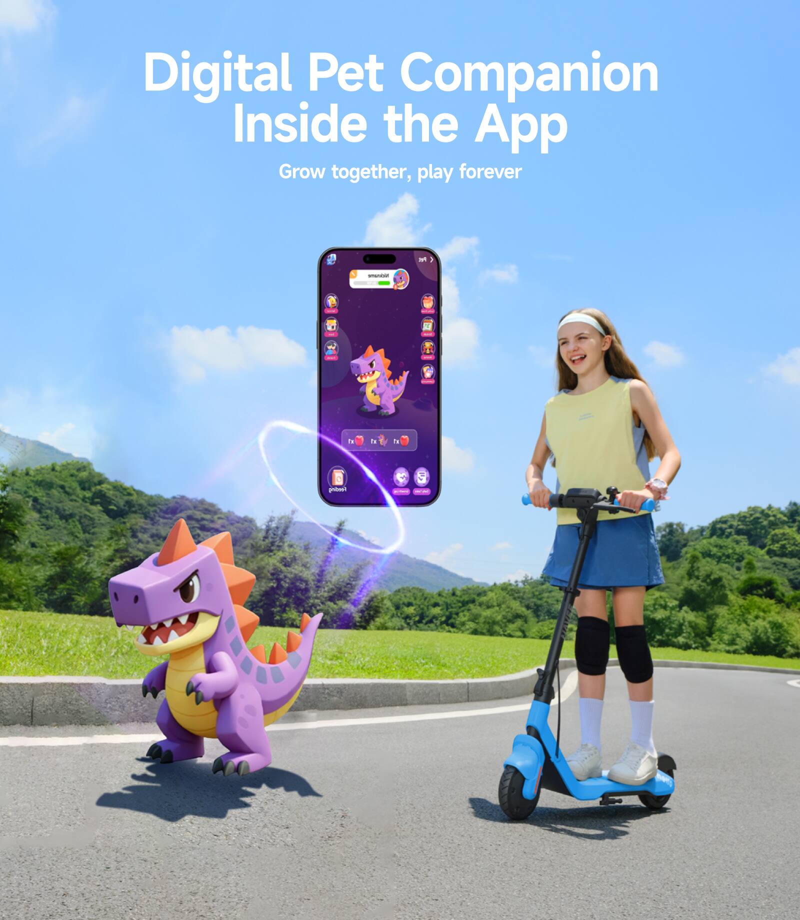 Digital Pet Companion Inside the App  
Grow together, play forever