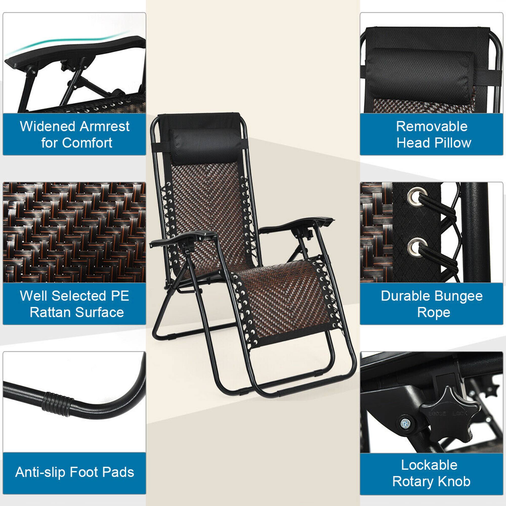 - Widened Armrest for Comfort
- Removable Head Pillow
- Well Selected PE Rattan Surface
- Durable Bungee Rope
- Anti-slip Foot Pads
- Lockable Rotary Knob