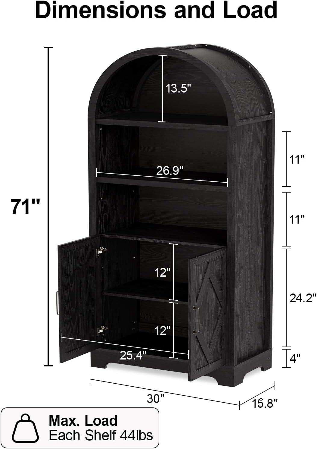Dimensions and Load: 71", 13.5", 26.9", 11", 11", 12", 24.2", 12", 25.4", 4", 30"

Max. Load: Each Shelf 44lbs