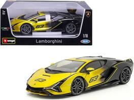 Lamborghini Sian FKP 37 #63 1/18 Diecast Model Car by Bburago - Yellow Metallic and Black