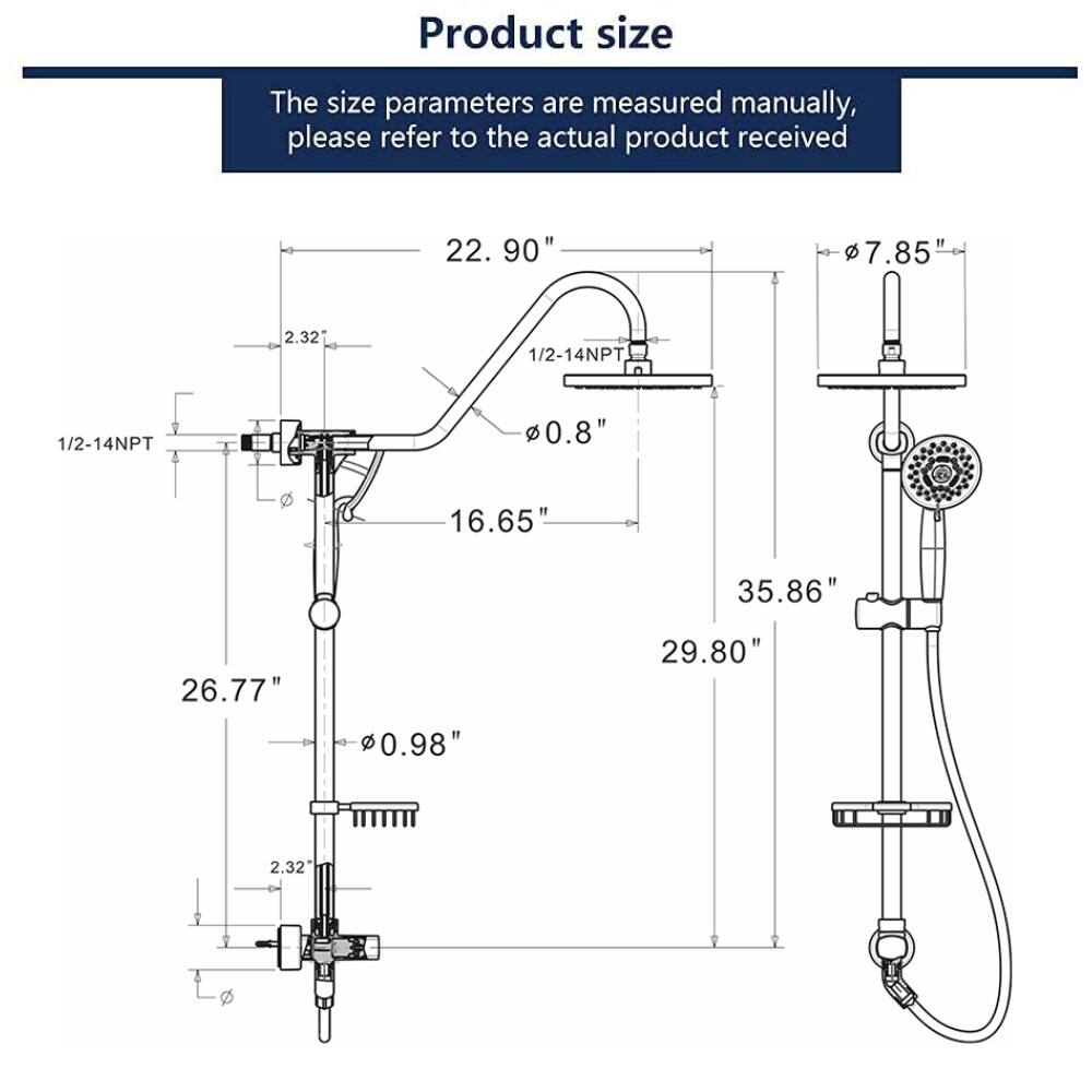 Product size

The size parameters are measured manually, please refer to the actual product received

- 22.90"
- 7.85"
- 2.32"
- 1/2-14NPT
- 1/2-14NPT
- 0.8"
- 16.65"
- 35.86"
- 26.77"
- 0.98"
- 29.80"
- 2.32"