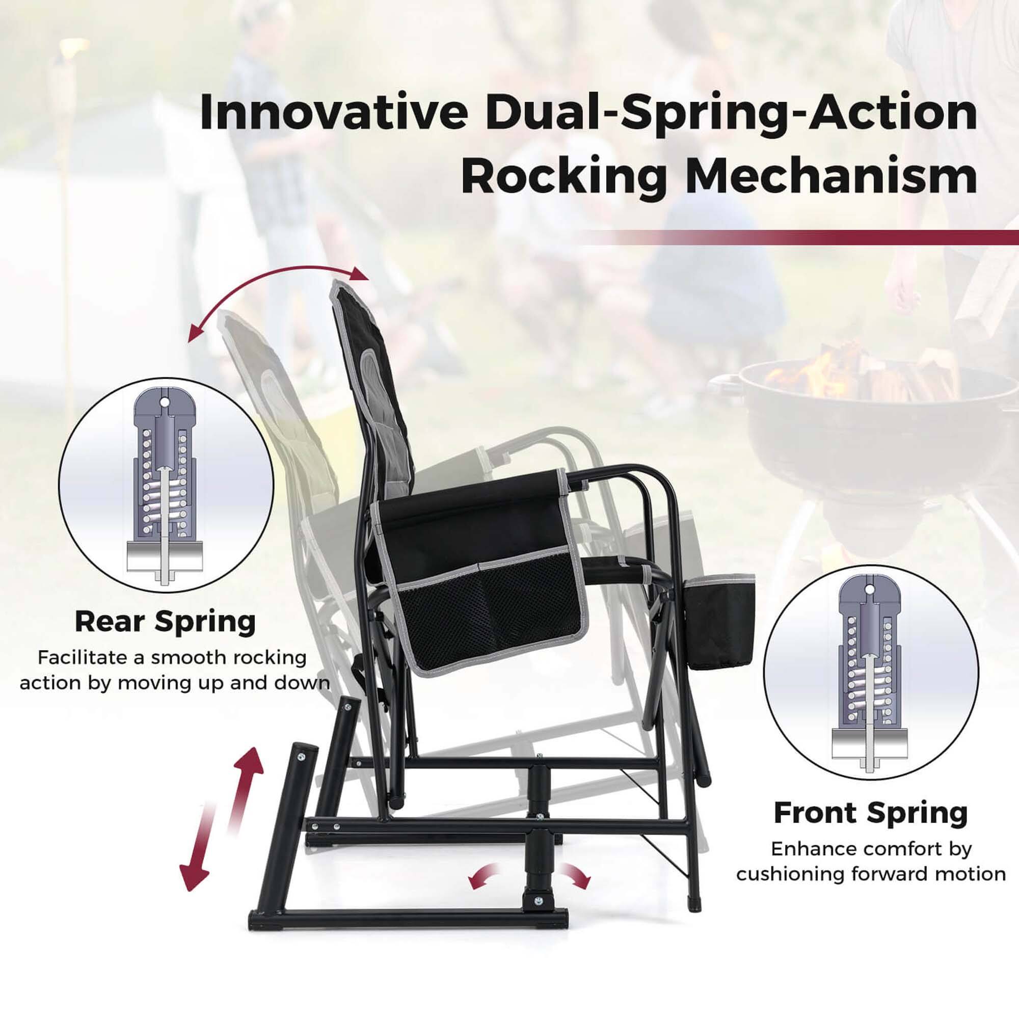Innovative Dual-Spring-Action Rocking Mechanism

Rear Spring  
Facilitate a smooth rocking action by moving up and down

Front Spring  
Enhance comfort by cushioning forward motion