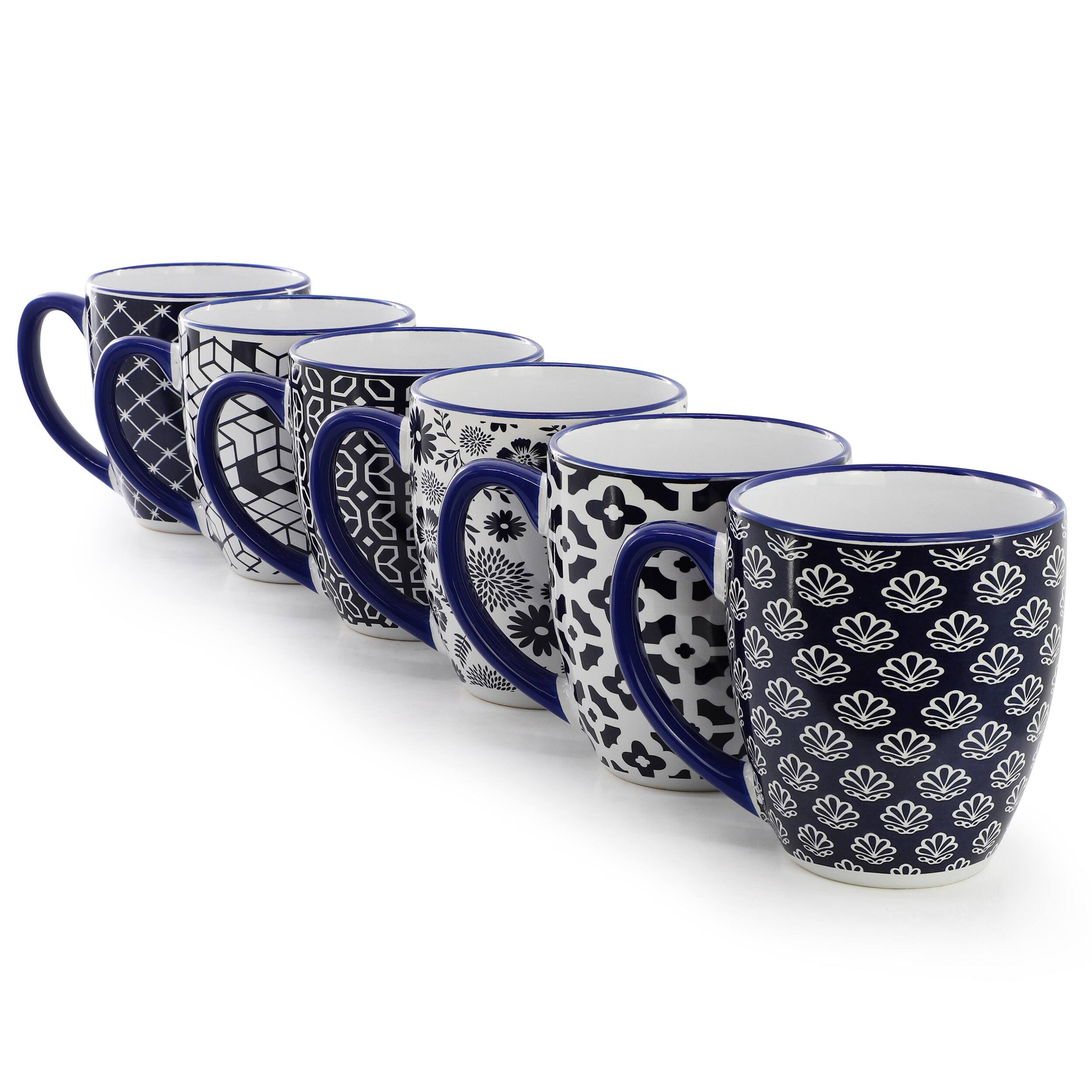 Alt View 2. Elama - Elama Flyn 6 Piece 16 Ounce Assorted Design Stoneware Mug Set in Navy Blue and White - Navy Blue.