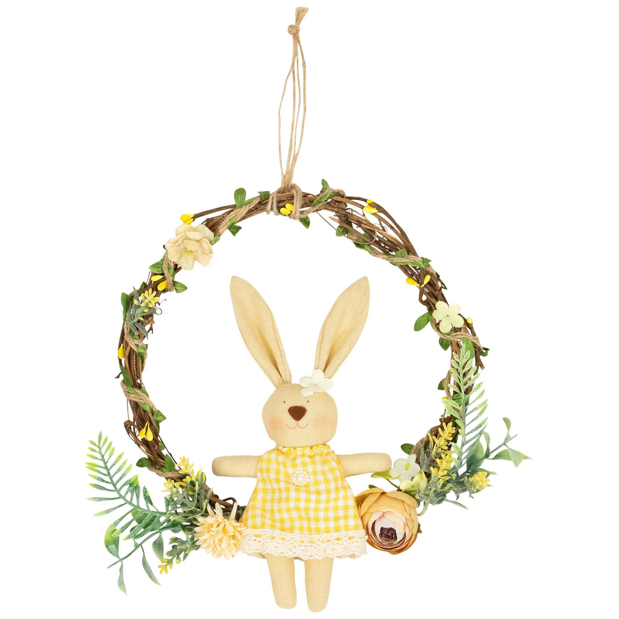 Front. Northlight - Bunny with Flowers Artificial Easter Twig Wreath - 10" - Brown.