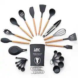 Lux Decor Collection - 35‑Piece Kitchen Utensil Set Heat‑Resistant Silicone & Wooden Handle Cooking Tools with Holder, BPA‑Free, Kitchen Set - Gray