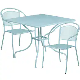 Emma + Oliver - Commercial 35.5" Square Metal Garden Patio Table Set w/ 2 Round Back Chairs - Sky Blue
