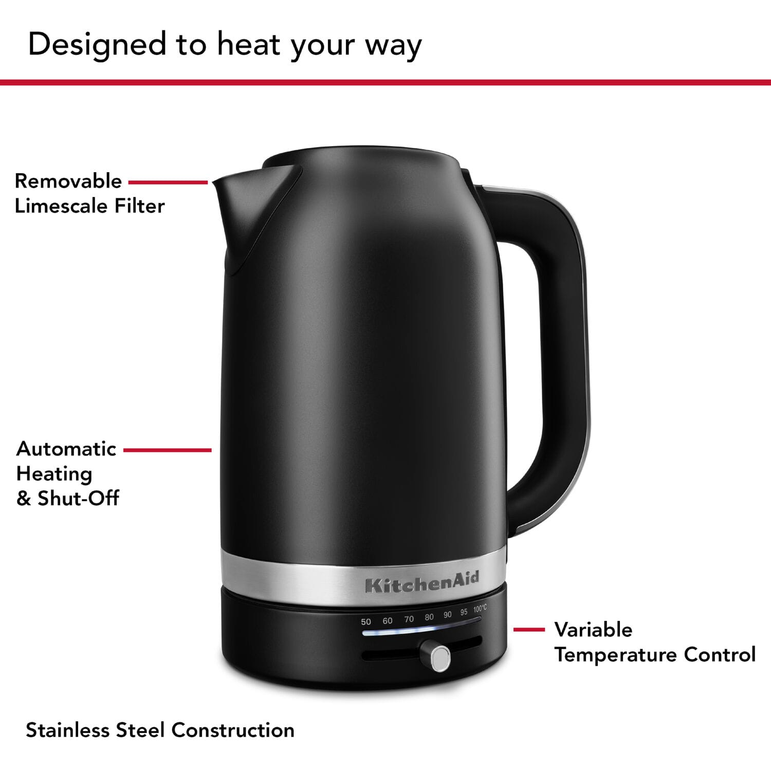 Designed to heat your way, the KitchenAid features a removable limescale filter, automatic heating, and shut-off capabilities. The stainless steel construction ensures durability and a sleek appearance. The variable temperature control allows for precise temperature adjustments, making it a versatile and convenient appliance for your kitchen.