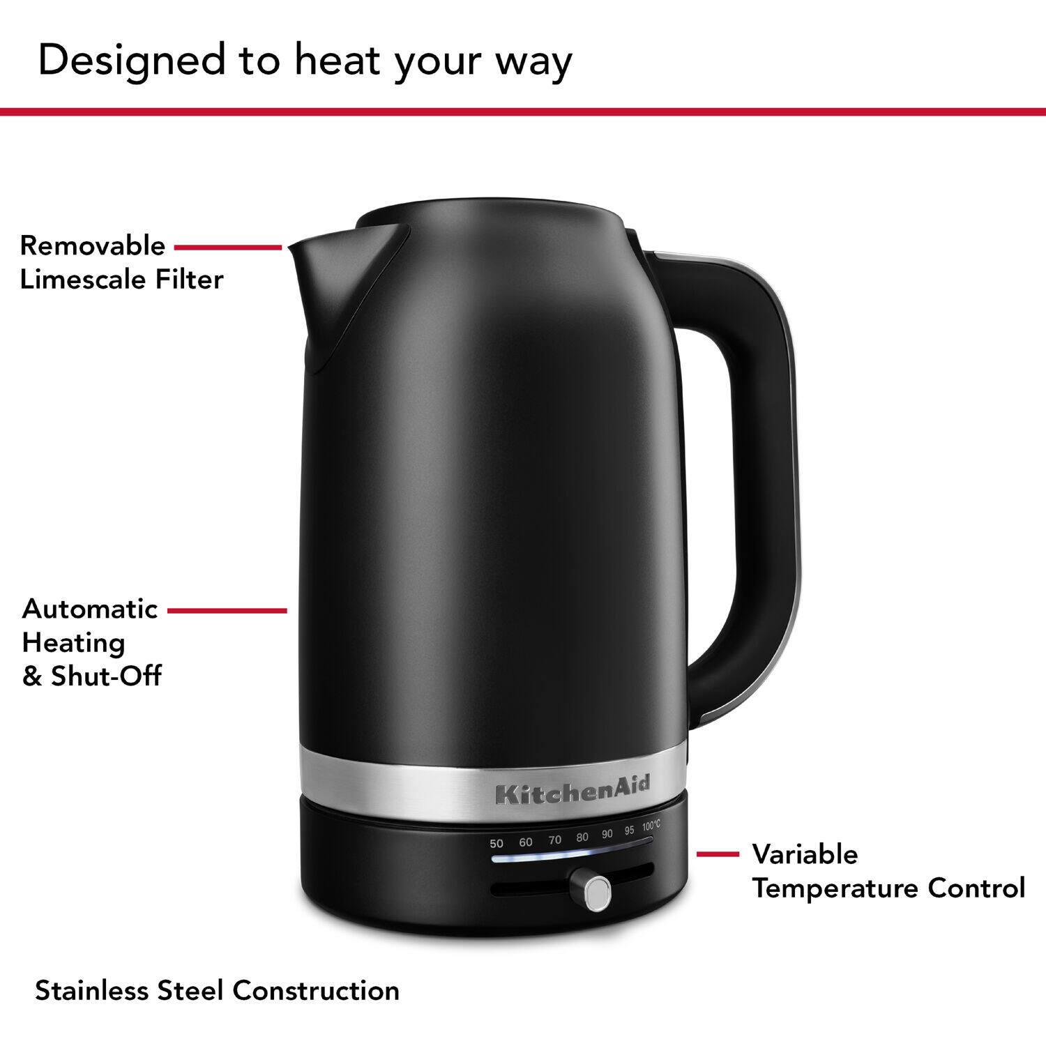 Designed to heat your way, the KitchenAid features a removable limescale filter, automatic heating, and shut-off capabilities. The stainless steel construction ensures durability and a sleek appearance. The variable temperature control allows for precise temperature adjustments, making it a versatile and convenient appliance for your kitchen.