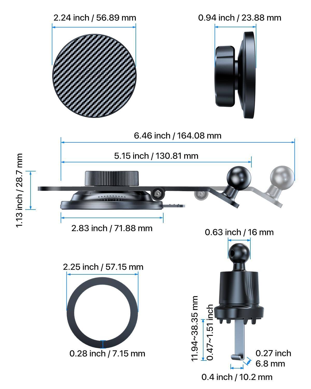 - 2.24 inch / 56.89 mm
- 0.94 inch / 23.88 mm
- 6.46 inch / 164.08 mm
- 5.15 inch / 130.81 mm
- 2.83 inch / 71.88 mm
- 0.63 inch / 16 mm
- 2.25 inch / 57.15 mm
- 0.28 inch / 7.15 mm
- 11.94~38.35 mm / 0.47~1.51 inch
- 0.27 inch / 6.8 mm
- 0.4 inch / 10.2 mm