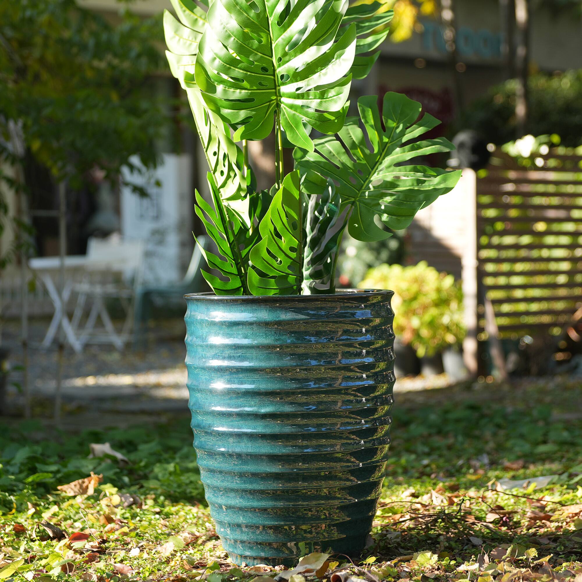 Angle. Loheer - Ceramic Planter by Loheer, 17 Inch Handmade Deep Green Planter for Indoor Outdoor Doorway Monstera.
