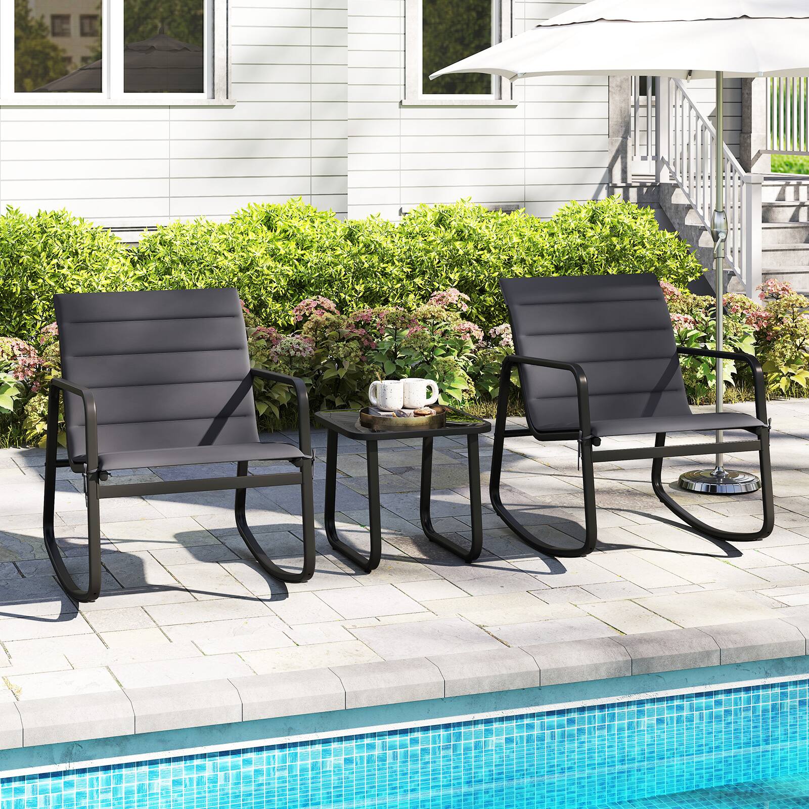 Alt View 1. Gymax - Gymax 3PCS Outdoor Rocking Bistro Set w/Tempered Glass Table Soft Cushions for Garden - Black.