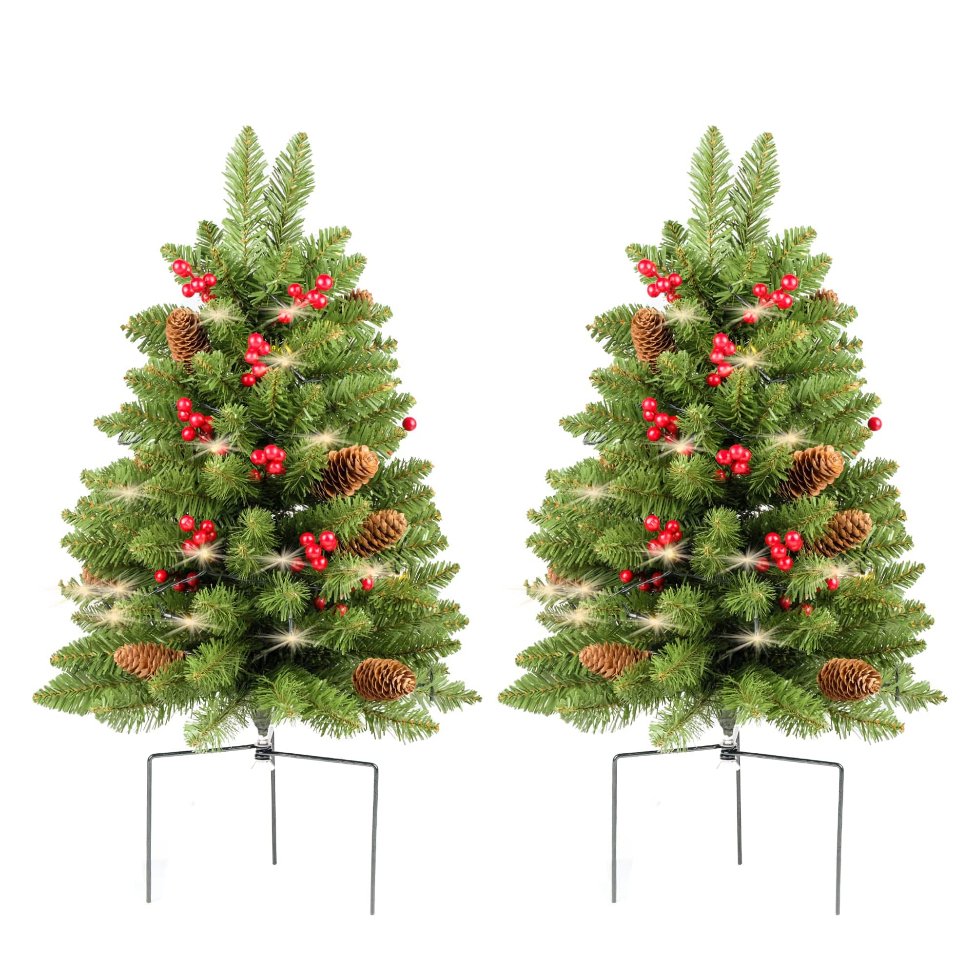 Stylel Star - Christmas Tree 30 inch Prelit 2 Set Pathway Porch Christmas Trees Pre-Light LED Battery Operated Outdoor Xmas - Brief Green