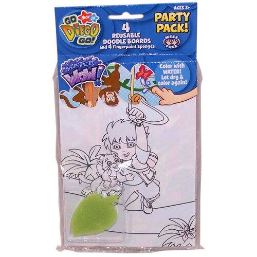 AGES 3+  
PARTY PACK!  

GO NICK JR  
DIEGO GO!  

4 REUSABLE DOODLE BOARDS  
and 4 Fingerpaint Sponges  

Color with WATER!  
Let dry & color again!