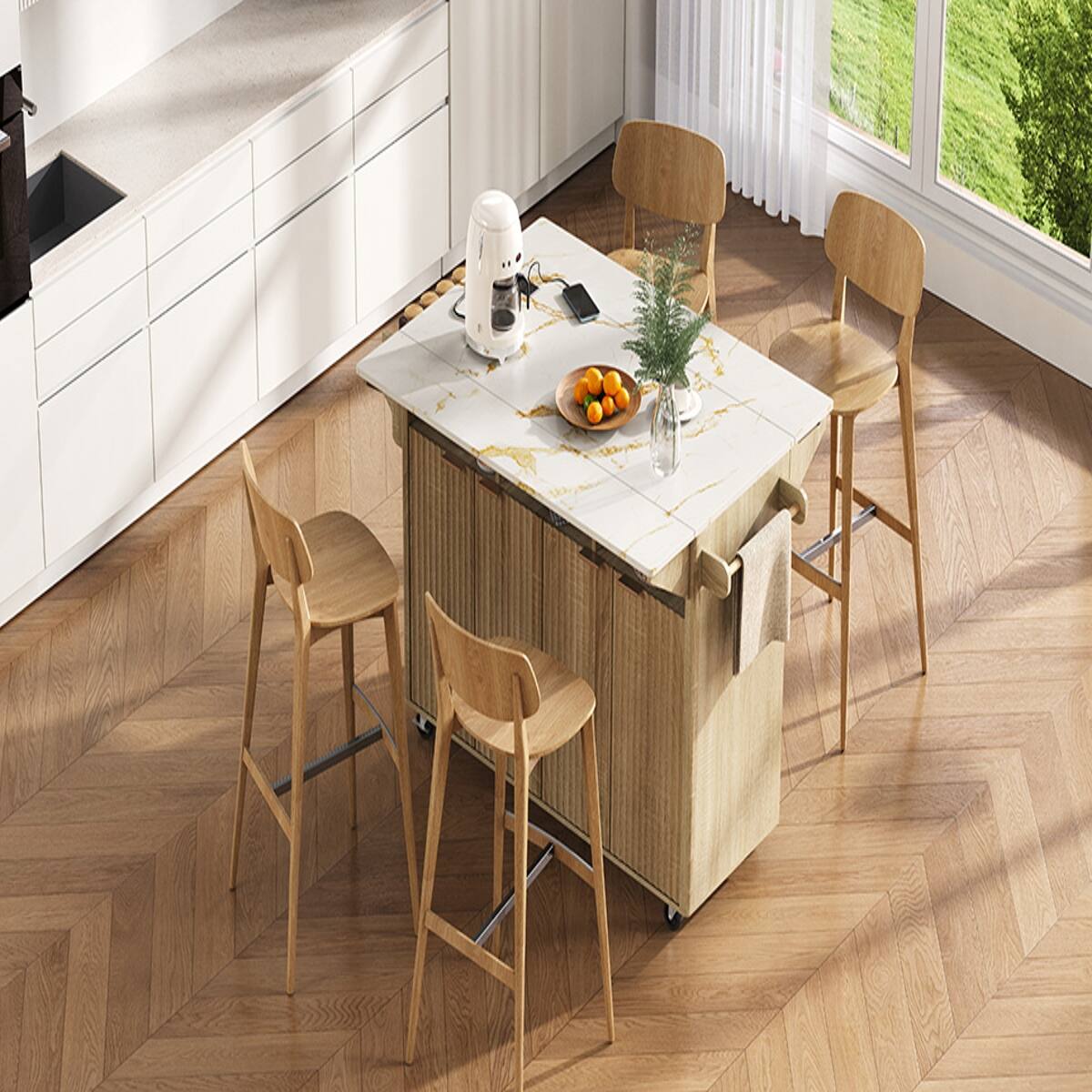 Alt View 2. Loheer - 55.5 inch fluted kitchen island with 2 drop leaf, faux marble top kitchen island, rolling kitchen cart with power outlet - Natural.