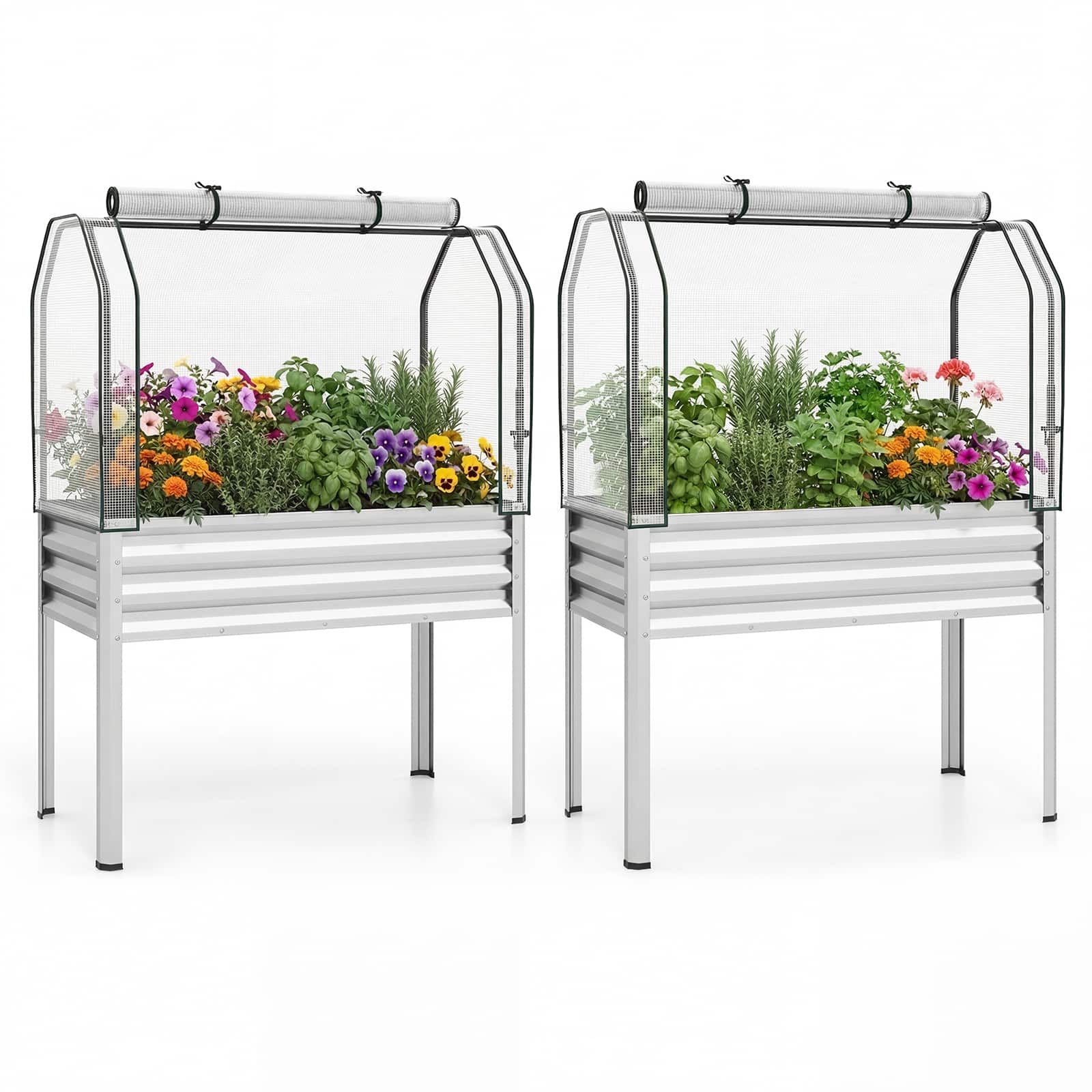 Costway - 2 PCS Galvanized Raised Garden Bed with Legs Roll-up Door for Vegetable Flower Herb - Silver