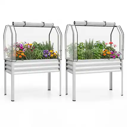 Front. Costway - Costway 2 PCS Galvanized Raised Garden Bed with Legs Roll-up Door for Vegetable Flower Herb - Silver.