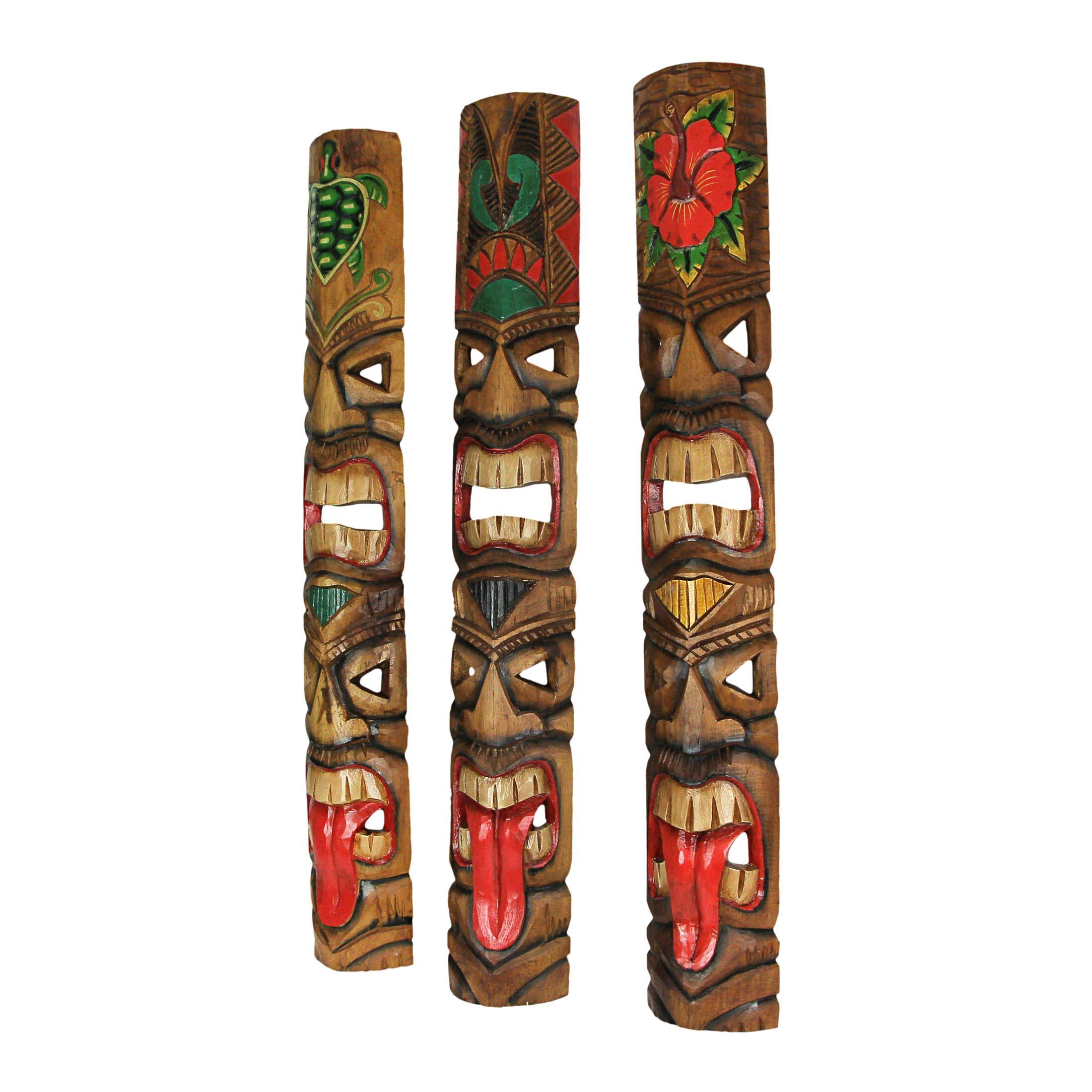 Alt View 1. Zeckos - Set of 5 Double Tiki Mask Totem Wall Decor Hand Carved Tribal Sculpture 40 Inch - Multicolored.