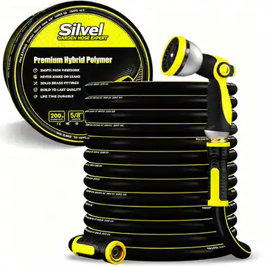 Silvel Garden Hose Expert
Premium Hybrid Polymer
- Soft on Hands
- Resistant to Kinks
- Resistant to Leaks
- Built to Last Quality
- Life Time Durable
200 ft / 5/8"
