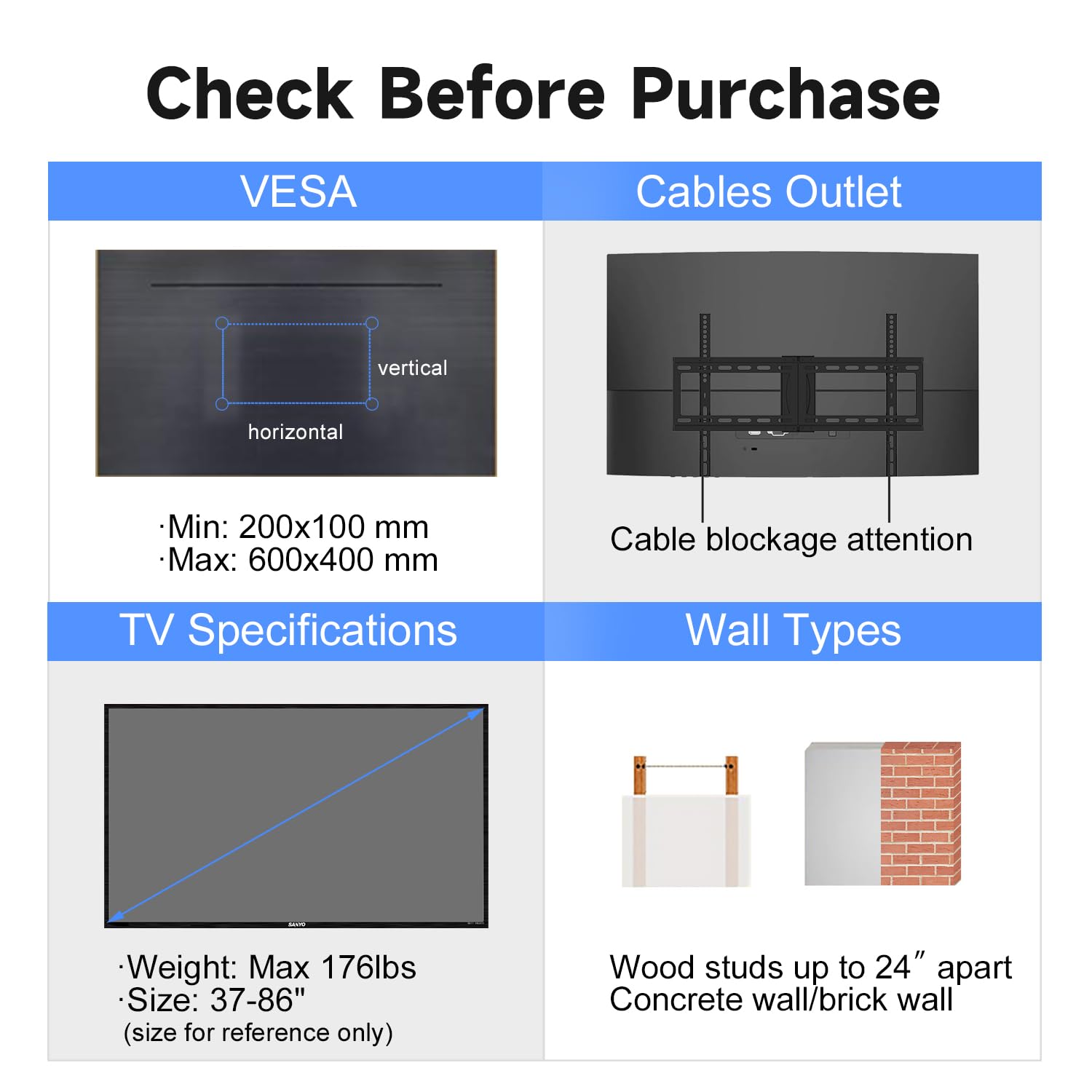 Check Before Purchase

VESCA  
- Min: 200x100 mm  
- Max: 600x400 mm  

Cables Outlet  
- Cable blockage attention  

TV Specifications  
- Weight: Max 176lbs  
- Size: 37-86" (size for reference only)  

Wall Types  
- Wood studs up to 24" apart  
- Concrete wall/brick wall