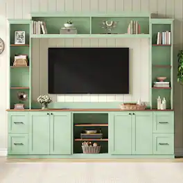 Whisen - 70" 4-in-1 TV Stand, Entertainment Center Wall Unit with Storage Drawers and Bookshelf - Mint Green