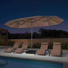 PURPLE LEAF - 14 ft. Patio Market Umbrella with Solar LED and Base Double-Sided Outdoor Table Sun Umbrellas for Pool Deck Backyard - Taupe