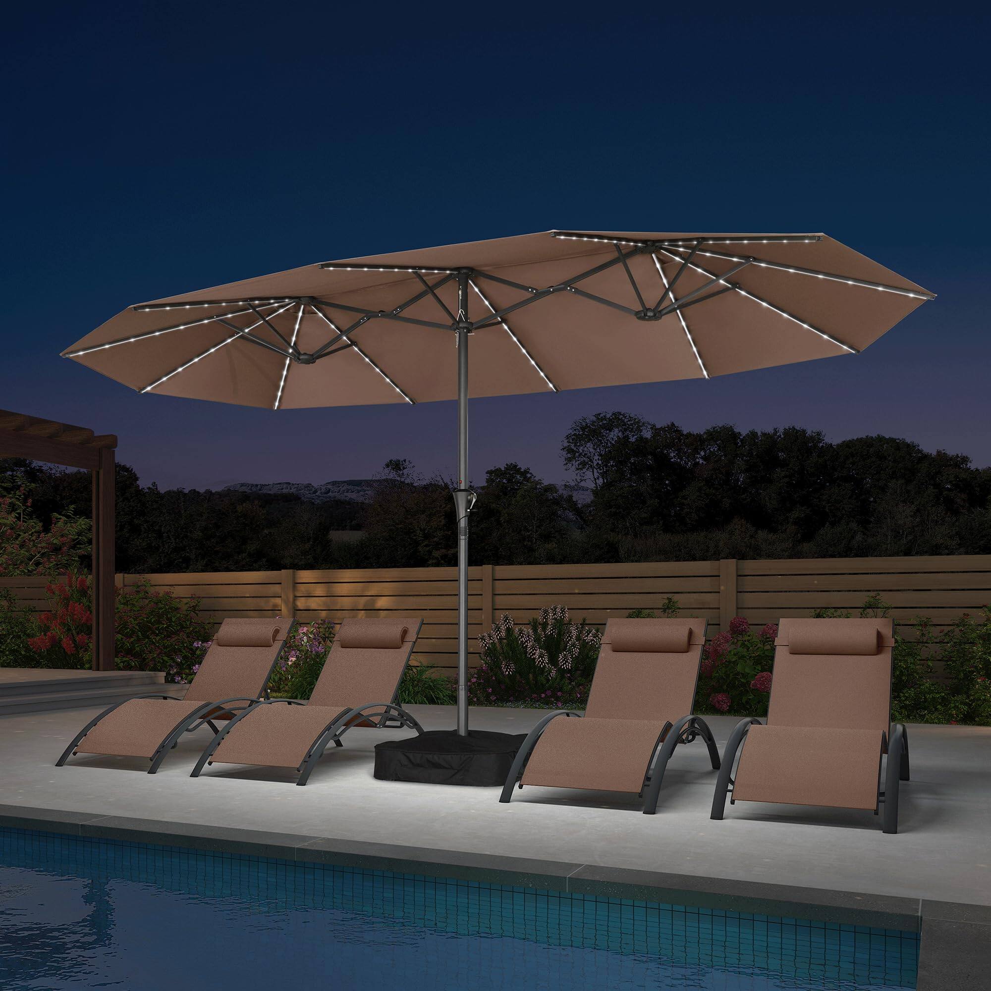 Front. PURPLE LEAF - 14 ft. Patio Market Umbrella with Solar LED and Base Double-Sided Outdoor Table Sun Umbrellas for Pool Deck Backyard - Taupe.