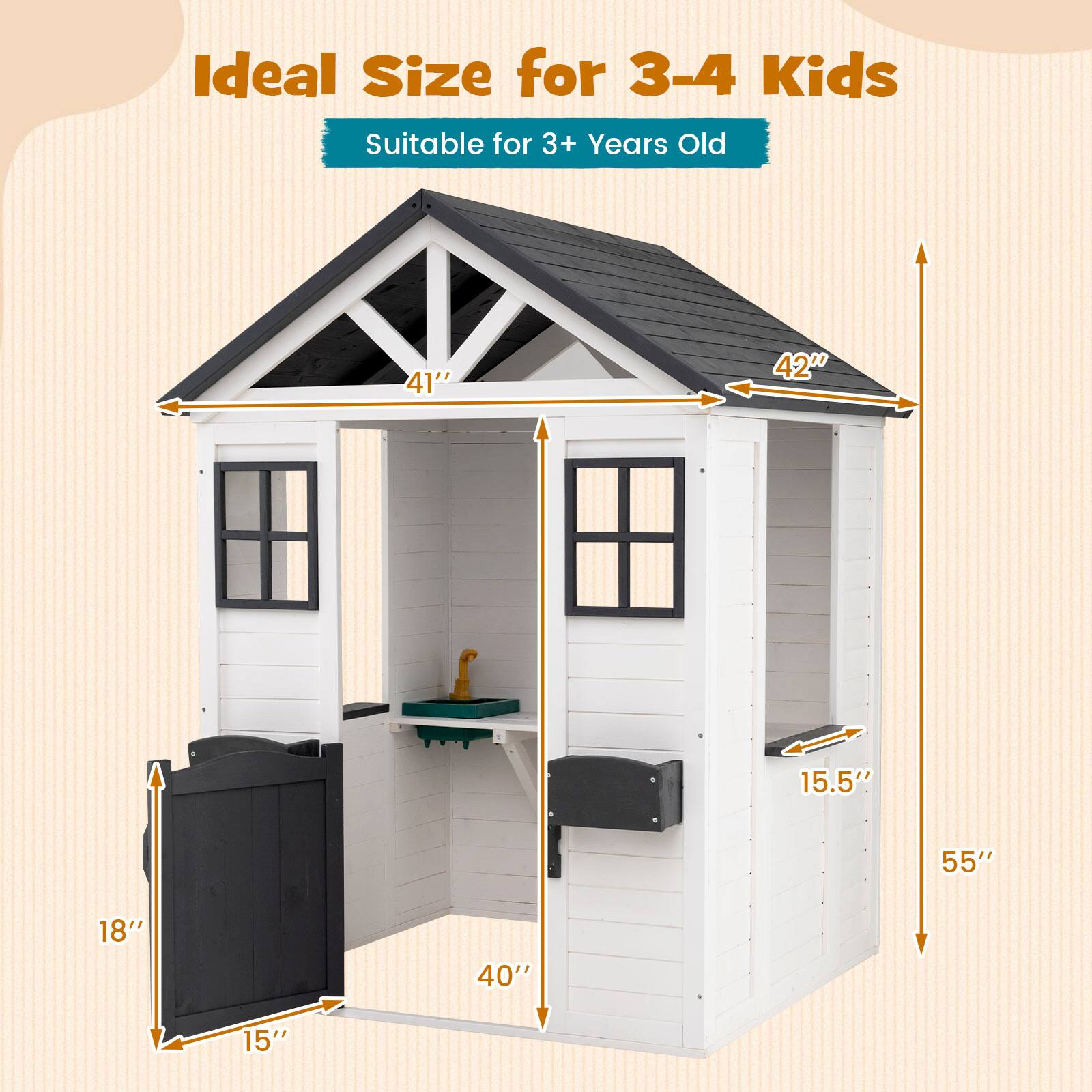 Ideal Size for 3-4 Kids  
Suitable for 3+ Years Old  
41" x 42" x 55"  
15.5" x 18" x 40" x 15"