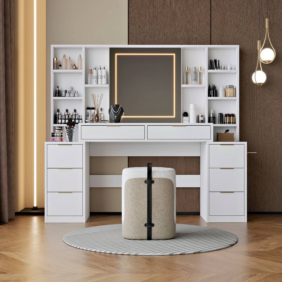 Alt View 2. Loheer - Loheer Makeup Vanity Desk With Mirror and Lights, White Large Storage Table - White.